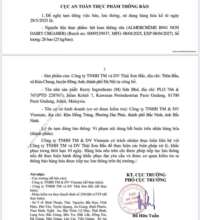Tạm dừng lưu thông, sử dụng nguyên liệu bột kem không sữa do vi phạm ghi nhãn - Ảnh 1.