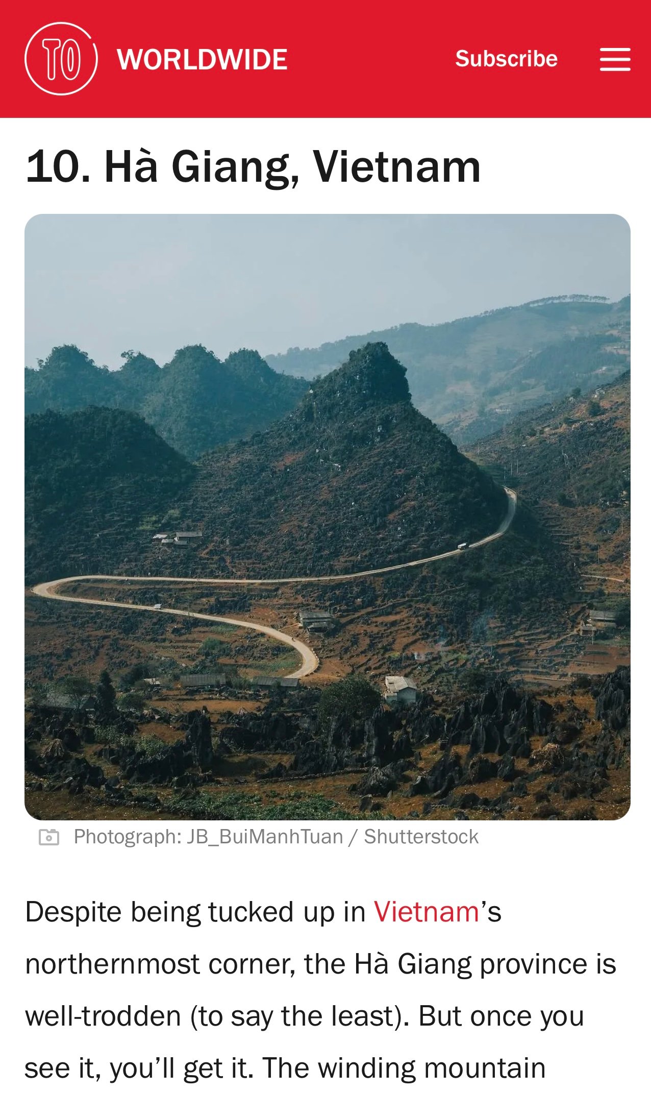 Ha Giang ជាប់ចំណាត់ថ្នាក់ទី 10 កន្លែងស្អាតបំផុតនៅលើពិភពលោក