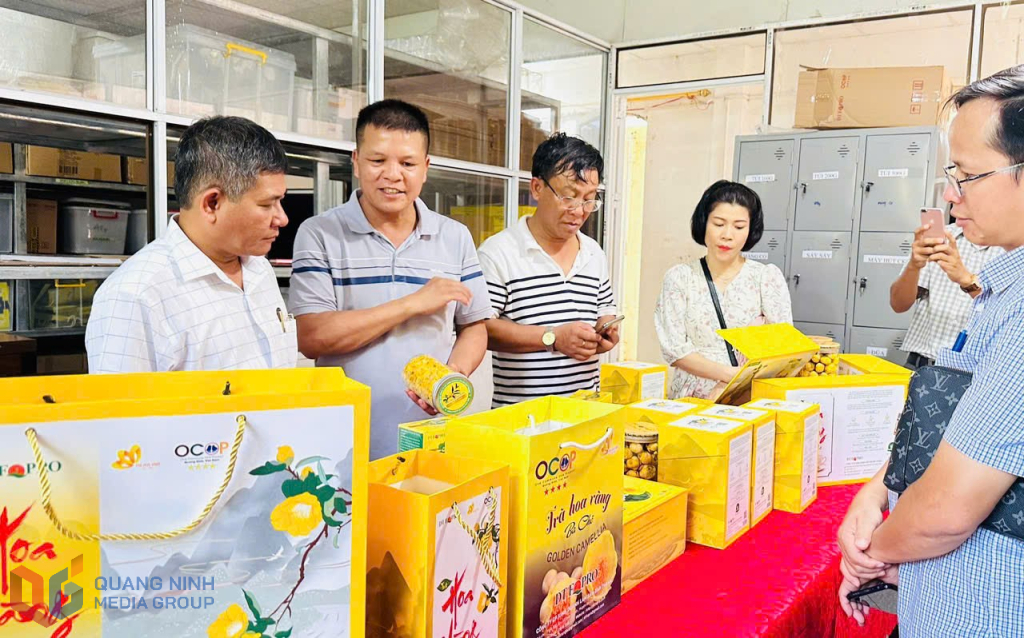 លោក Ninh Van Trang (ទី 2 ពីឆ្វេង) ណែនាំផលិតផល OCOP ផ្កាយ 5 របស់គាត់គឺតែផ្កាមាស។