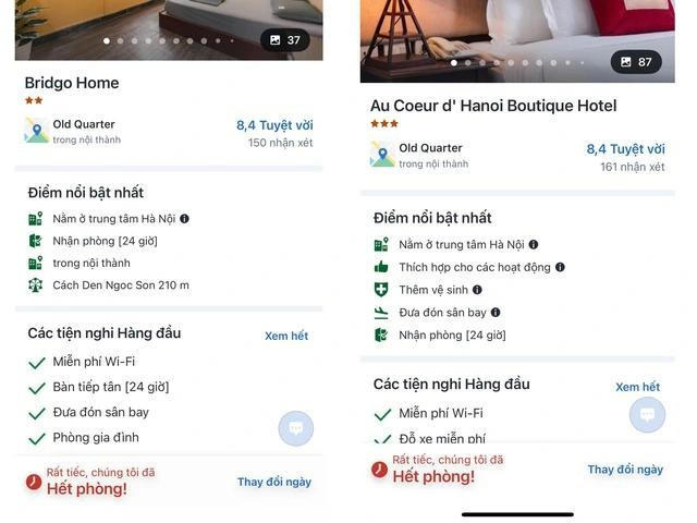Một số khách sạn ở trung tâm TP.Hà Nội thông báo hết phòng từ ngày 31.8 đến 3.9 trên một ứng dụng đặt phòng