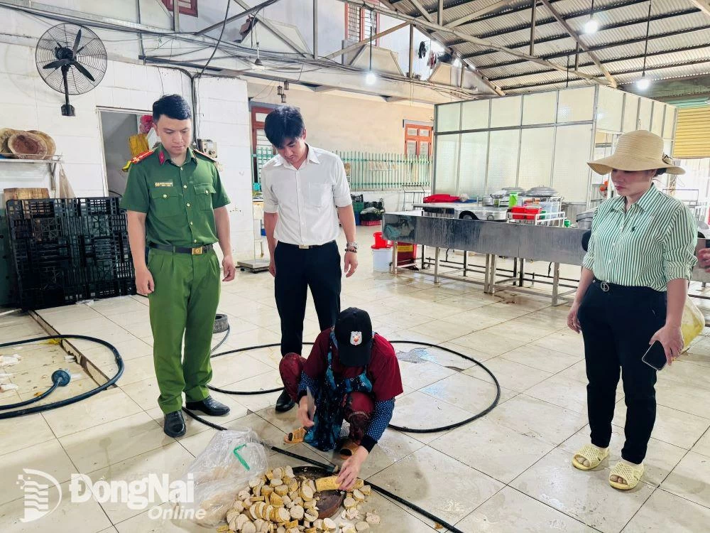 Nhân viên của cơ sở tiêu hủy hơn 5,4kg chả chiên có chứa hàn the dưới sự chứng kiến của đoàn kiểm tra. Ảnh: Hạnh Dung
