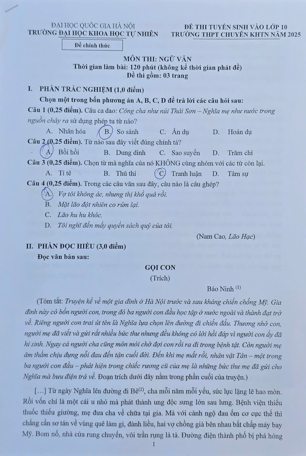 Đề thi và đáp án môn toán lớp 10 Trường THPT chuyên Khoa học tự nhiên - 2
