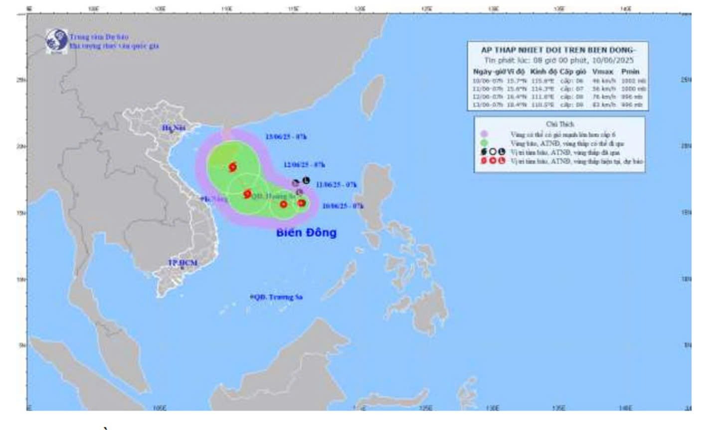 Bản đồ dự báo quỹ đạo cường độ áp thấp nhiệt đới phát lúc 8 giờ 00 ngày 10-6-2025.