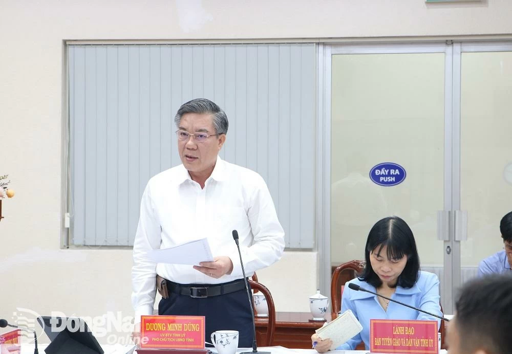 Vice Chairman of the Provincial People's Committee Duong Minh Dung speaks at the conference. Photo: Pham Tung   