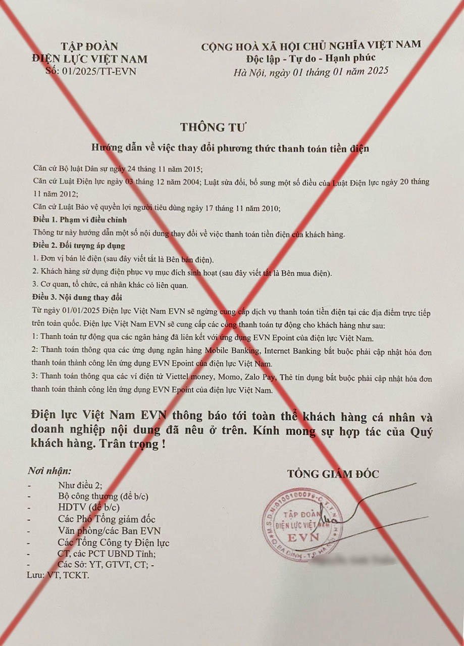 Văn bản giả mạo Tập đoàn Điện lực Việt Nam. Ảnh: SƠN CA