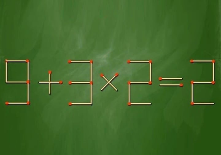 Di chuyển 1 que diêm để phép tính 9 + 3 x 2 = 2 từ sai thành đúng.