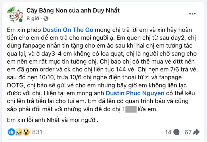 Chủ page "Cây bàng non của anh Duy Nhất" lên tiếng sau khi bị tố lừa đảo tiền vé concert Anh trai vượt ngàn chông gai.