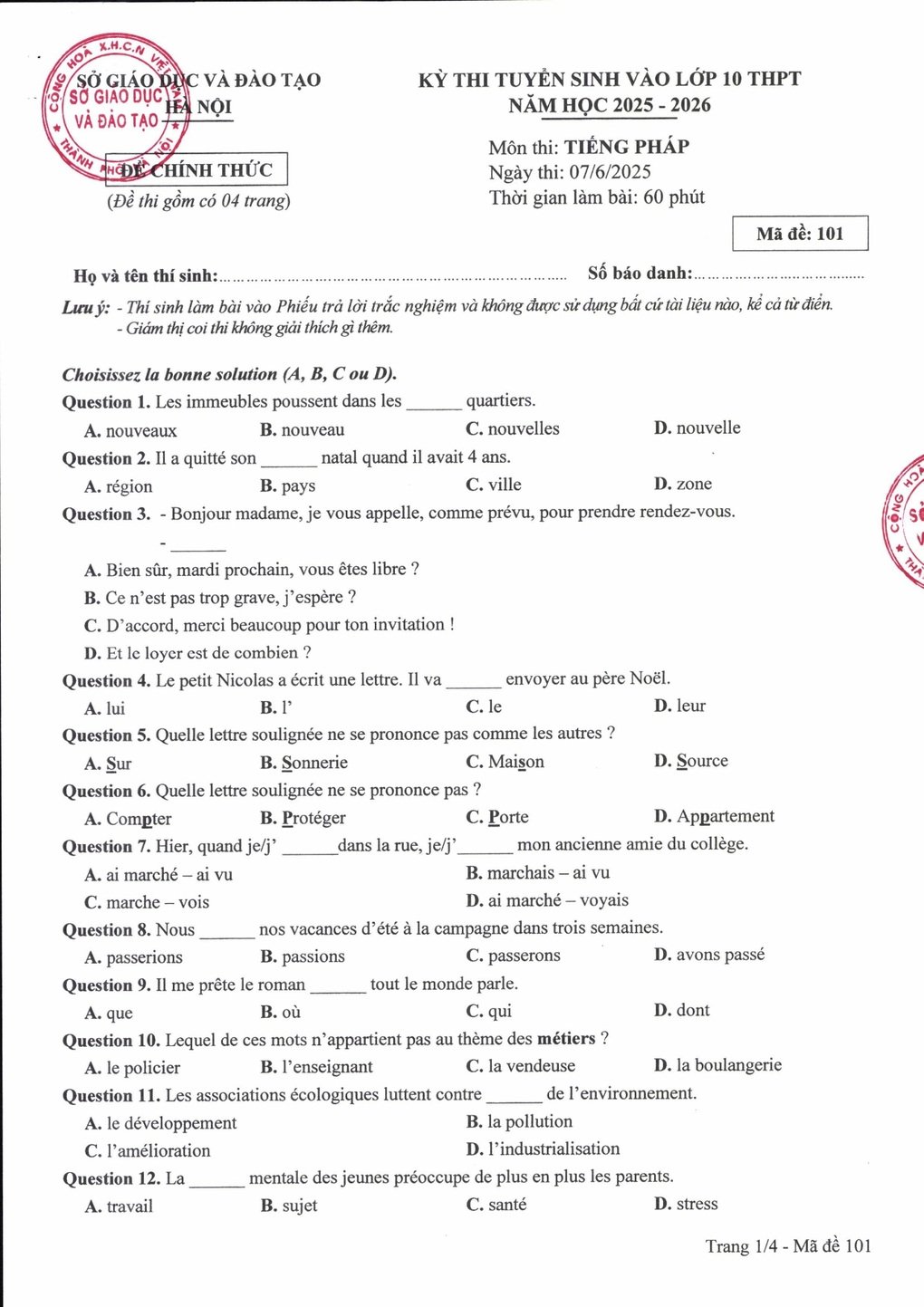 Đáp án chính thức môn tiếng Pháp, Đức, Hàn, Nhật thi vào lớp 10 Hà Nội - 1