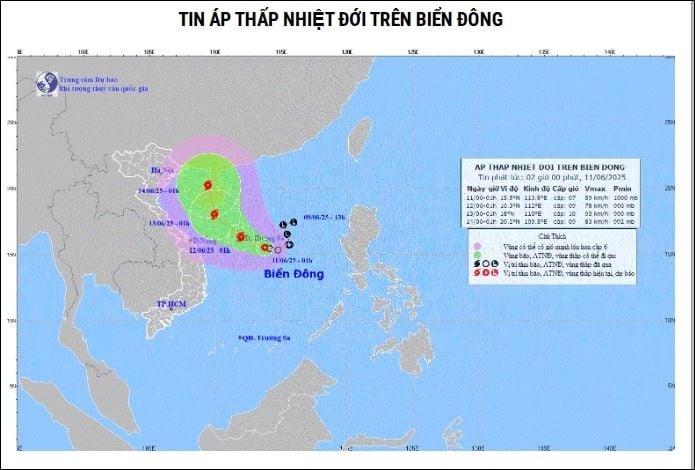 Thời tiết hôm nay (11/6): Áp thấp nhiệt đới di chuyển chậm trên Biển Đông. Ảnh: kttv.gov.vn