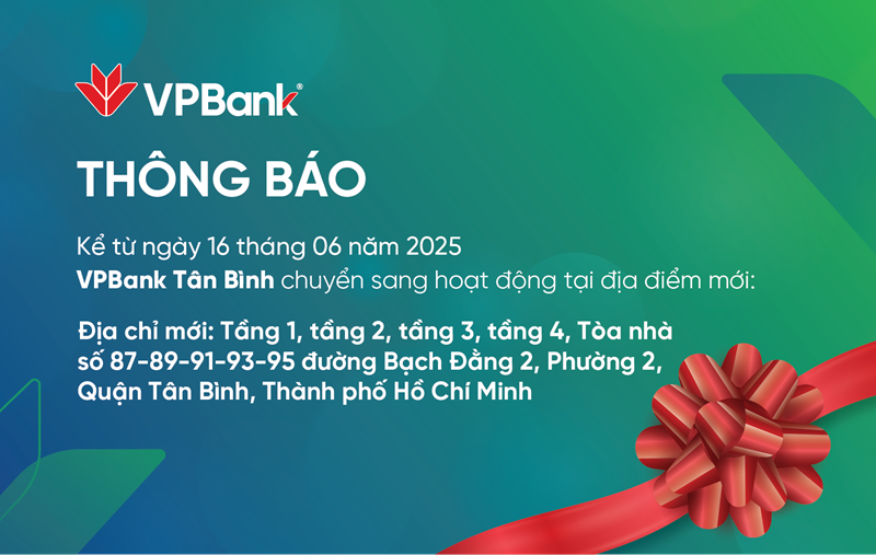 An eye-level shot of a digital announcement from VPBank. Against a vibrant green background that transitions to a darker shade at the bottom right, the VPBank logo is prominently displayed in the upper left corner. The text, in Vietnamese, announces that "VPBank Tan Binh will move to a new location starting June 16, 2025." Below this, the new address is listed: "Floor 1, Floor 2, Floor 3, Floor 4, Building No. 87-89-91-93-95 Bach Dang 2 Street, Ward 2, Tan Binh District, Ho Chi Minh City." A decorative red ribbon and bow are visible in the bottom right corner of the image.