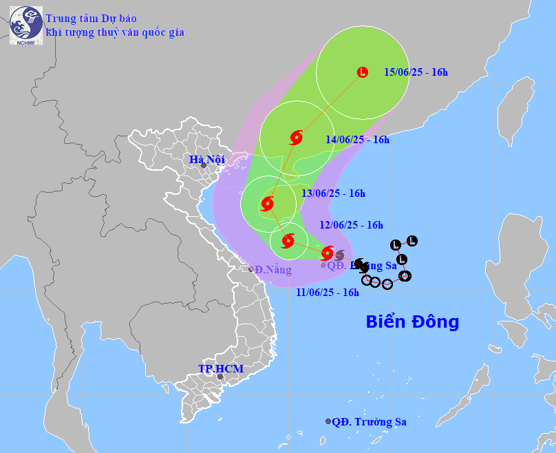 Bản đồ dự báo quỹ đạo bão số 1 chiều 11-6-2025 (Nguồn: Trung tâm dự báo khí tượng thủy văn quốc gia).