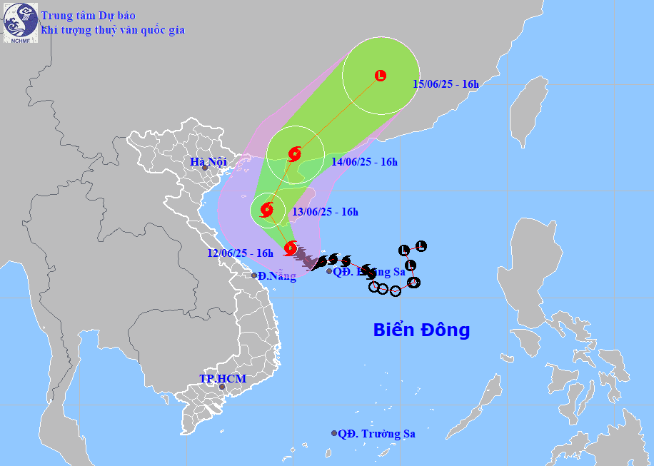 Bản đồ dự báo quỹ đạo bão số 1 chiều 12-6-2025 (Nguồn: Trung tâm dự báo khí tượng thủy văn quốc gia).