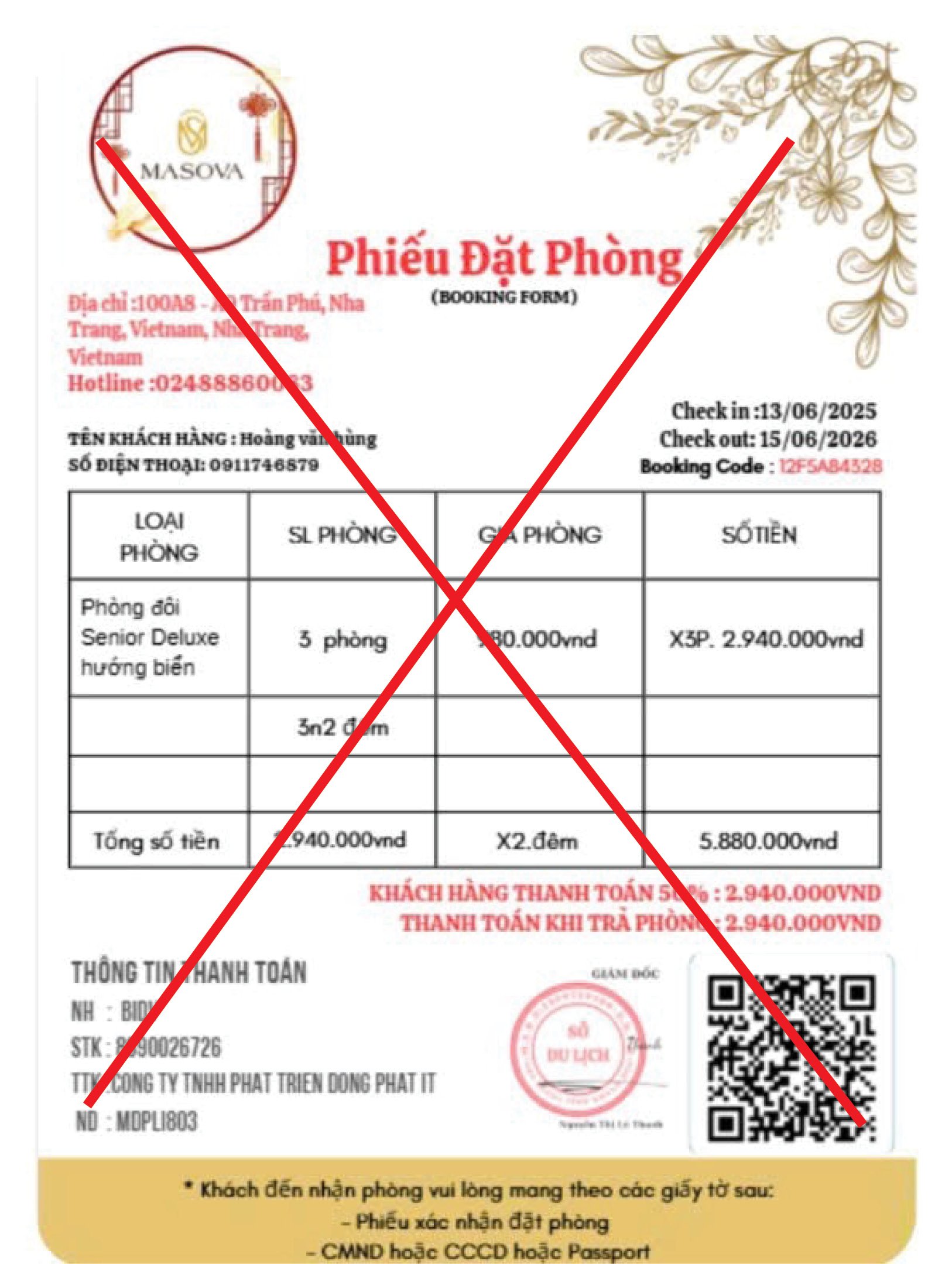 Kẻ xấu tạo Voucher giả mạo tên khách sạn Masova có dấu của Sở Du lịch để lừa đảo.