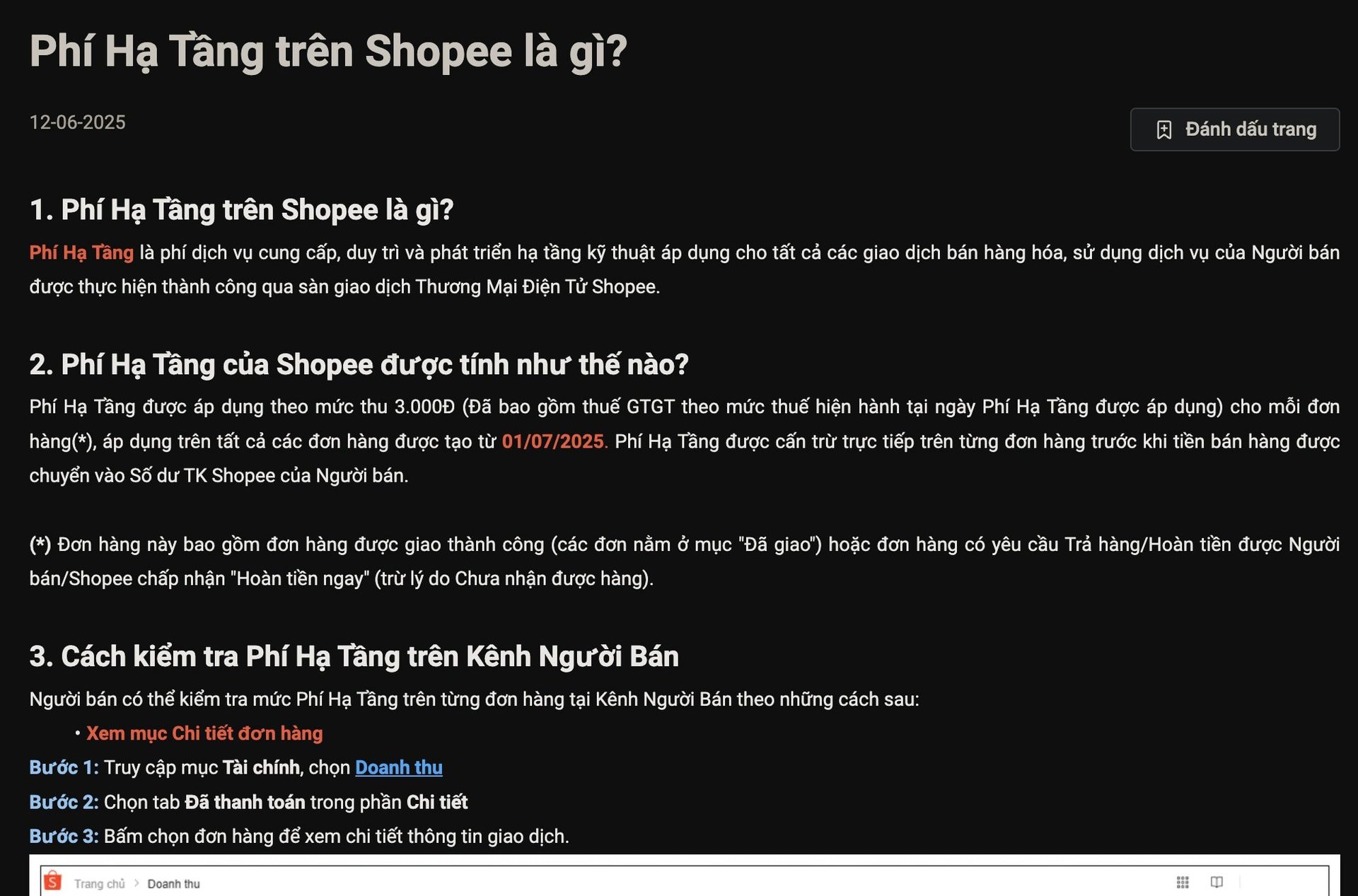 Shopee thông báo thu phí hạ tầng 3.000 đồng/đơn hàng từ ngày 1/7. (Ảnh: chụp màn hình)