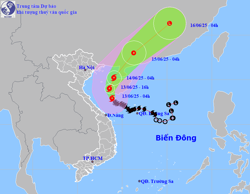 แผนที่พยากรณ์เส้นทางการเคลื่อนที่ของพายุลูกที่ 1 ในเช้าวันที่ 13 มิถุนายน 2568 (ที่มา: ศูนย์พยากรณ์อุทกวิทยาแห่งชาติ)