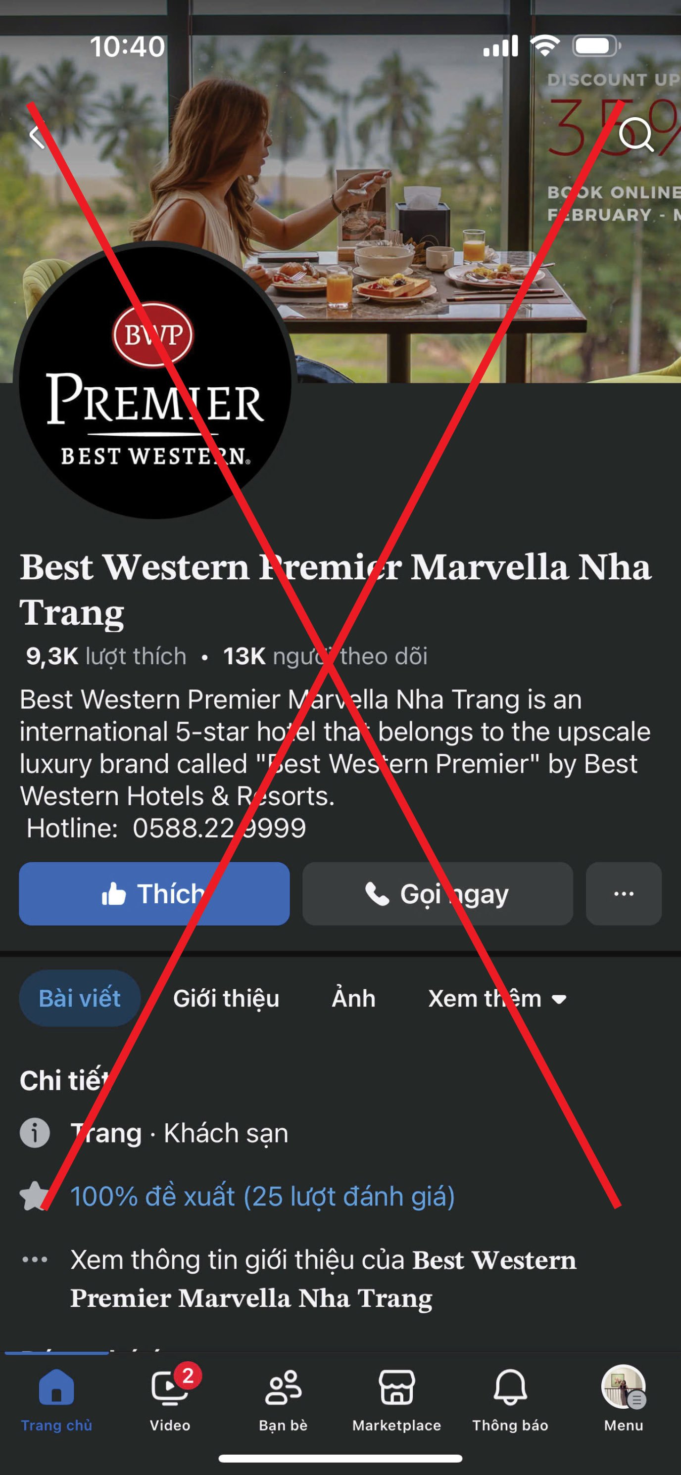 Một trong những trang Fanpage giả khách sạn Best Western Premier Marvella Nha Trang.