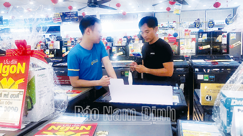 Nhân viên siêu thị Điện máy xanh (thành phố Nam Định) tư vấn các sản phẩm điện lạnh cho khách.