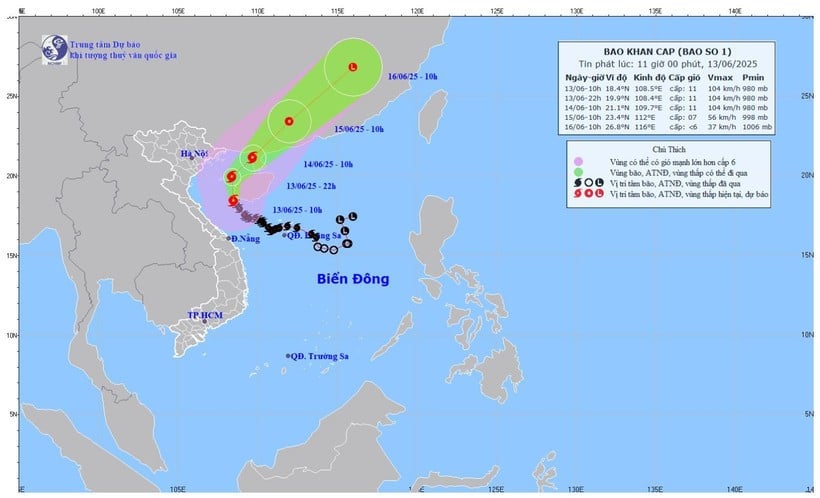 Carte prévisionnelle de la trajectoire et de l'intensité de la tempête n° 1 à 11 h le 13 juin. (Photo : D'après le Centre national de prévision hydrométéorologique)