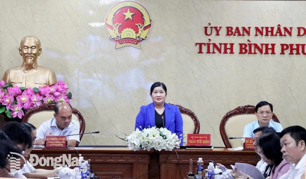 Phó bí thư Tỉnh ủy, Chủ tịch UBND tỉnh Bình Phước Trần Tuệ Hiền tại buổi họp sáng 13-6. Ảnh: Ngọc Liên