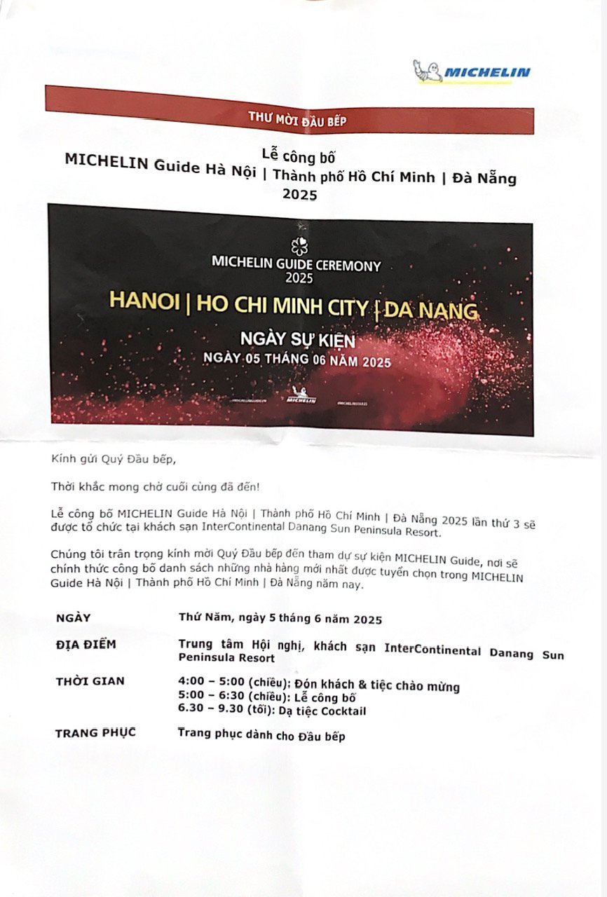 Thư mời đầu bếp quán “Hiệu Lực – Canh cá rô Hưng Yên” tham dự sự kiện công bố danh sách những nhà hàng được tuyển chọn trong Michelin Guide năm 2025