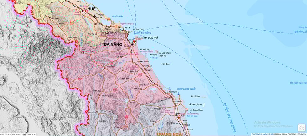 ព្រំដែនរដ្ឋបាលនៃទីក្រុង Da Nang (ថ្មី) ។ រូបថត៖ នាយកដ្ឋានអង្កេត ផែនទី និងព័ត៌មានភូមិសាស្ត្រវៀតណាម (ក្រសួងកសិកម្ម និងបរិស្ថាន)។
