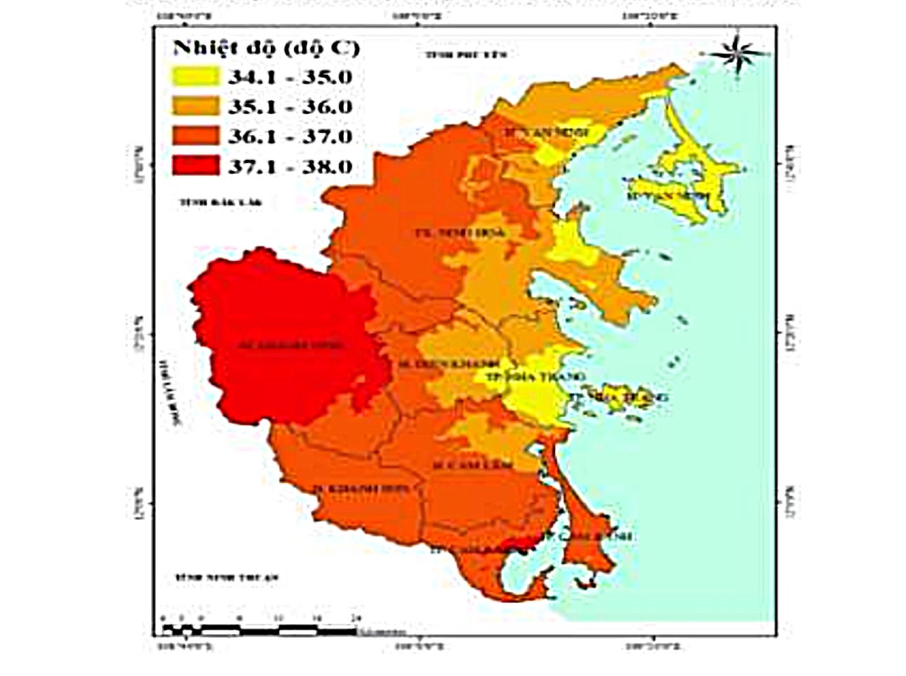 Bản đồ dự báo nhiệt độ cao tỉnh Khánh Hòa.