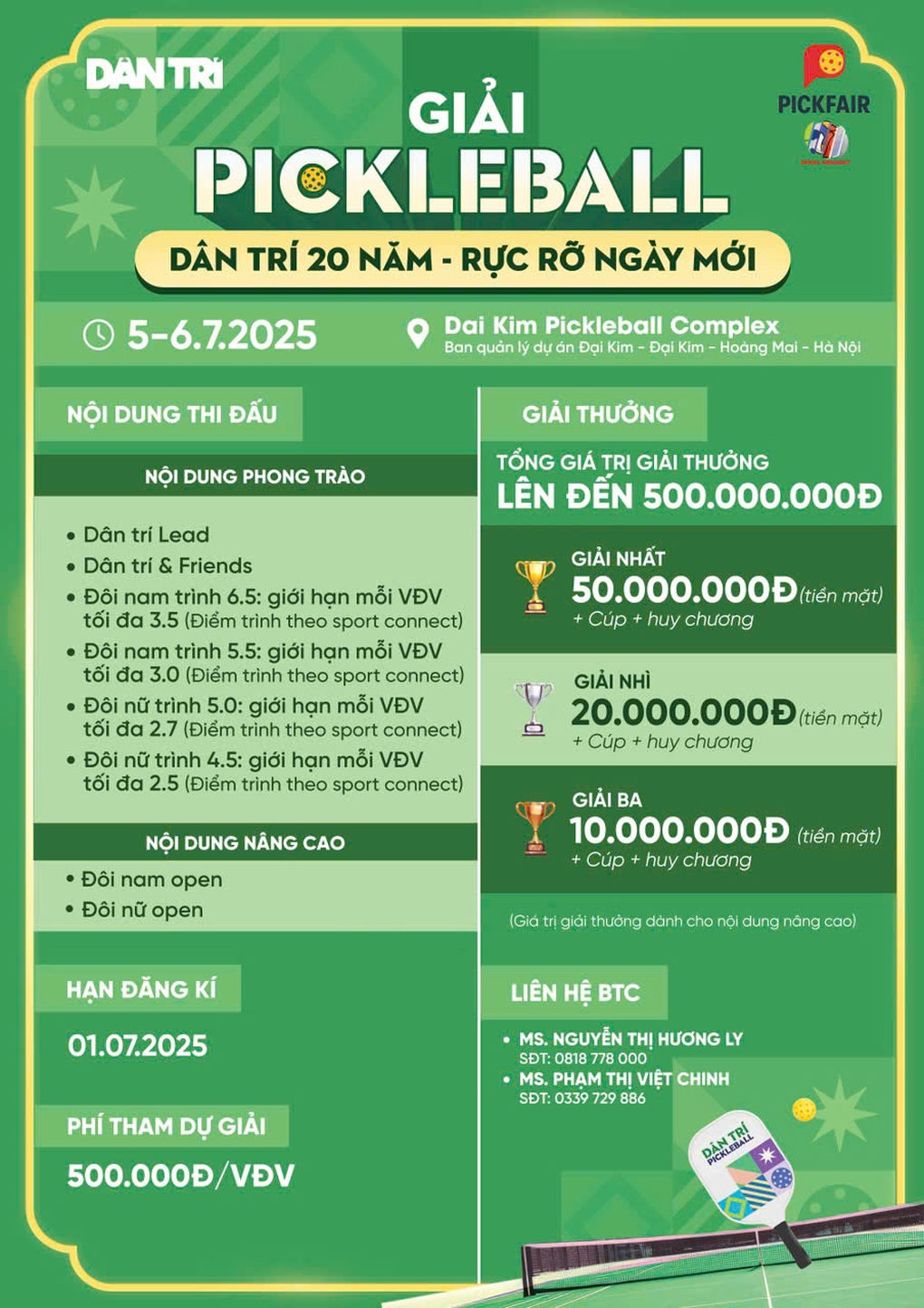 Thư mời tham dự giải Pickleball Dân trí 20 năm - Rực rỡ ngày mới - 1