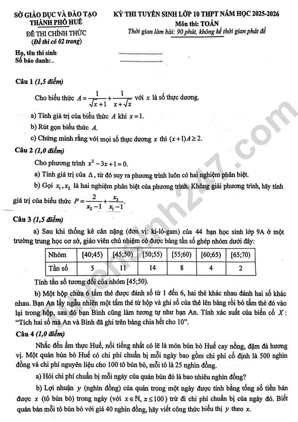 Đề thi và đáp án môn toán thi vào lớp 10 năm 2025 thành phố Huế - 1
