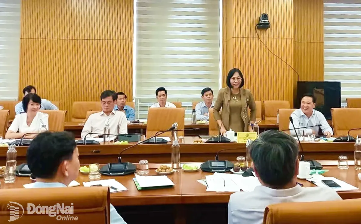 Phó chủ tịch UBND tỉnh Nguyễn Thị Hoàng, Trưởng đoàn công tác của tỉnh Đồng Nai báo cáo với Hội đồng Thẩm định chương trình Mục tiêu quốc gia xây dựng nông thôn mới Trung ương. Ảnh: CTV
