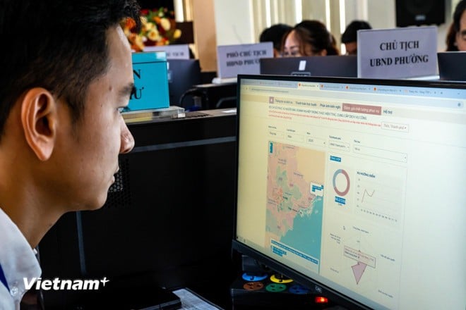 Về công tác triển khai theo mô hình chính quyền địa phương 2 cấp có 6 nội dung: Thu thập đầy đủ toàn bộ thông tin các xã, phường mới - đã triển khai; cập nhật đơn vị hành chính mới trên toàn bộ hệ thống iHanoi - đang thực hiện; cấu hình tài khoản quản trị và phân quyền quản trị cho cán bộ xã, phường mới sử dụng Hệ thống quản trị ứng dụng iHanoi - đang thực hiện; cập nhật luồng quy trình tiếp nhận, xử lý phản ánh hiện trường đáp ứng mô hình chính quyền địa phương 2 cấp - đang thực hiện; kiểm thử hệ thống theo mô hình chính quyền địa phương 2 cấp sau khi hoàn thành các công việc nêu trên; xây dựng kịch bản hỗ trợ 24/7 các cán bộ của xã, phường khi chính thức triển khai mô hình chính quyền địa phương 2 cấp. (Ảnh: Minh Sơn/Vietnam+)