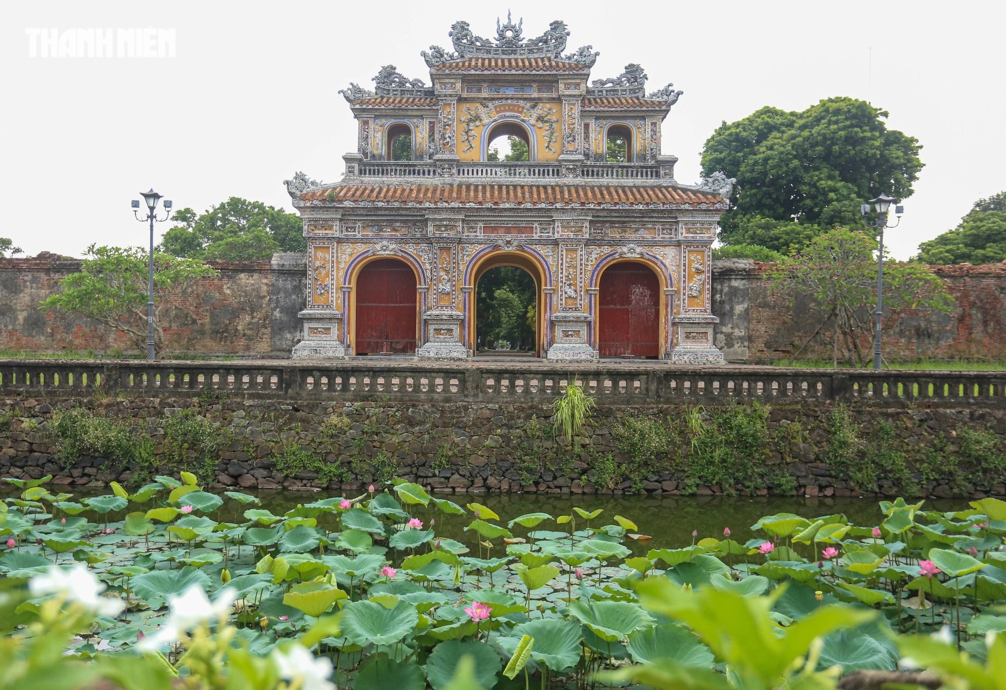 Nét cổ kính, rêu phong của hoàng cung Huế hòa quyện với sắc màu của sen tạo nên vẻ quyến rũ rất riêng