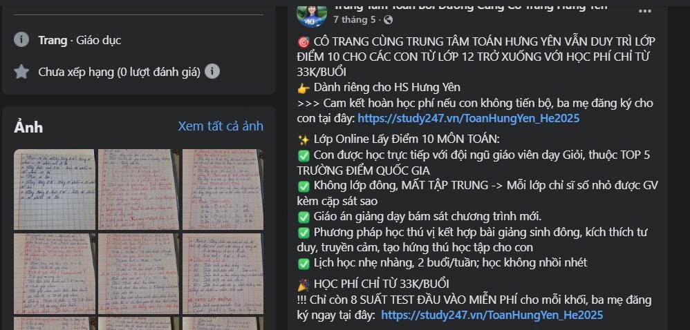 Lời quảng cáo từ một trung tâm dạy toán trên mạng Facebook