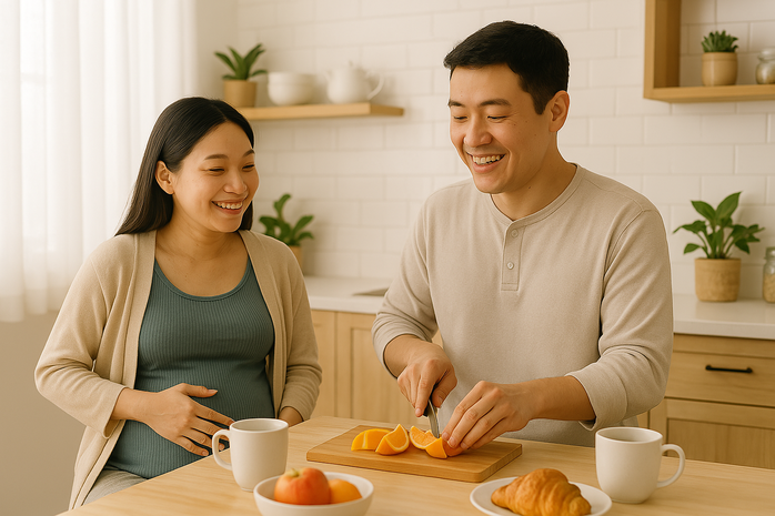 Chồng đóng BHXH tự nguyện, vợ nội trợ cũng được hưởng trợ cấp thai sản. Vẽ minh họa AI: Hồng Đào