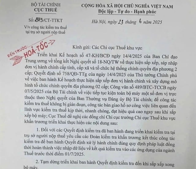 Hỏa tốc 'phanh' kiểm tra thuế tại trụ sở người nộp thuế - Ảnh 1.