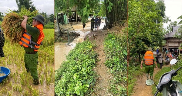 Lực lượng công an xã giúp dân khắc phục hậu quả thiên tai.