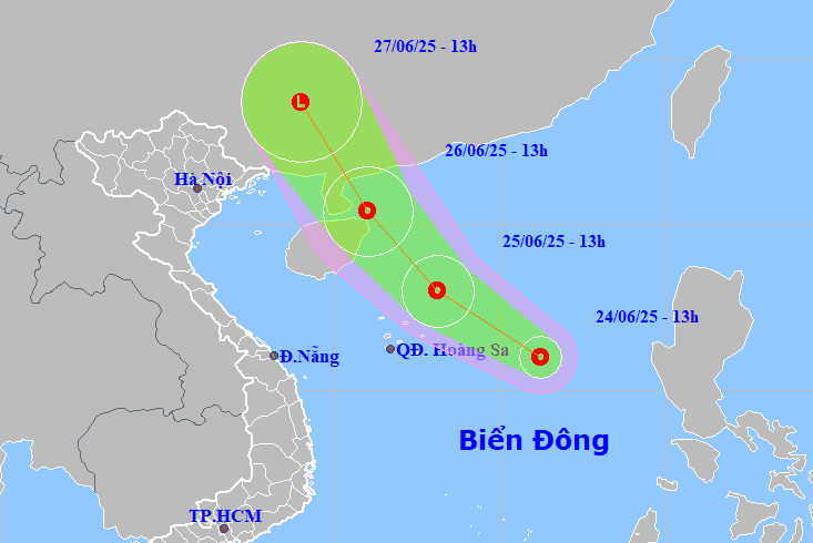 Vị trí và dự báo hướng di chuyển của áp thấp nhiệt đới trên Biển Đông.