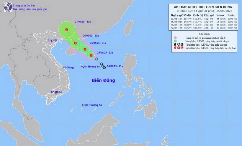 Hình ảnh vị trí và đường đi của áp thấp nhiệt đới. (Nguồn: Trung tâm Khí tượng Thủy văn Quốc gia)