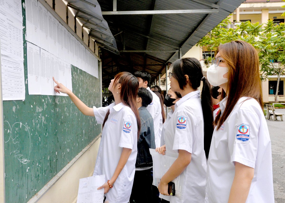Thí sinh tại điểm thi Trường THPT Lê Hồng Phong (thành phố Hà Giang) đến sớm để làm thủ tục dự thi. (Ảnh: Mộc Lan).