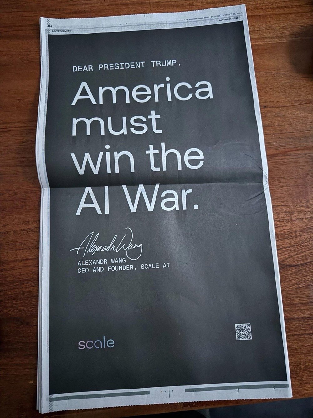 Scale AI's ad in the Washington Post. (Photo: X/Alexandr Wang)