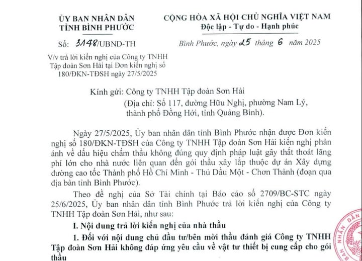 Văn bản phản hồi của UBND tỉnh Bình Phước.