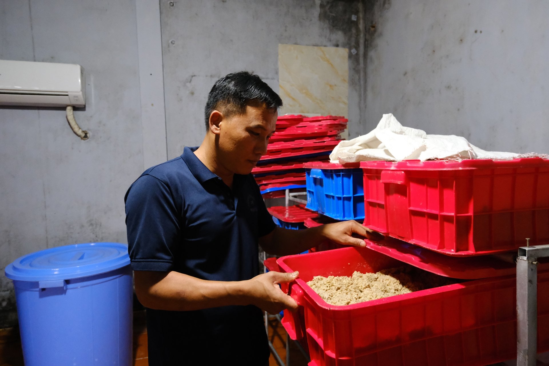 Ông Phan Minh Tuấn kiểm tra cơm rượu nhằm bảo đảm chất lượng và giữ gìn hương vị đặc trưng của rượu gạo sạch do HTX An Phát sản xuất