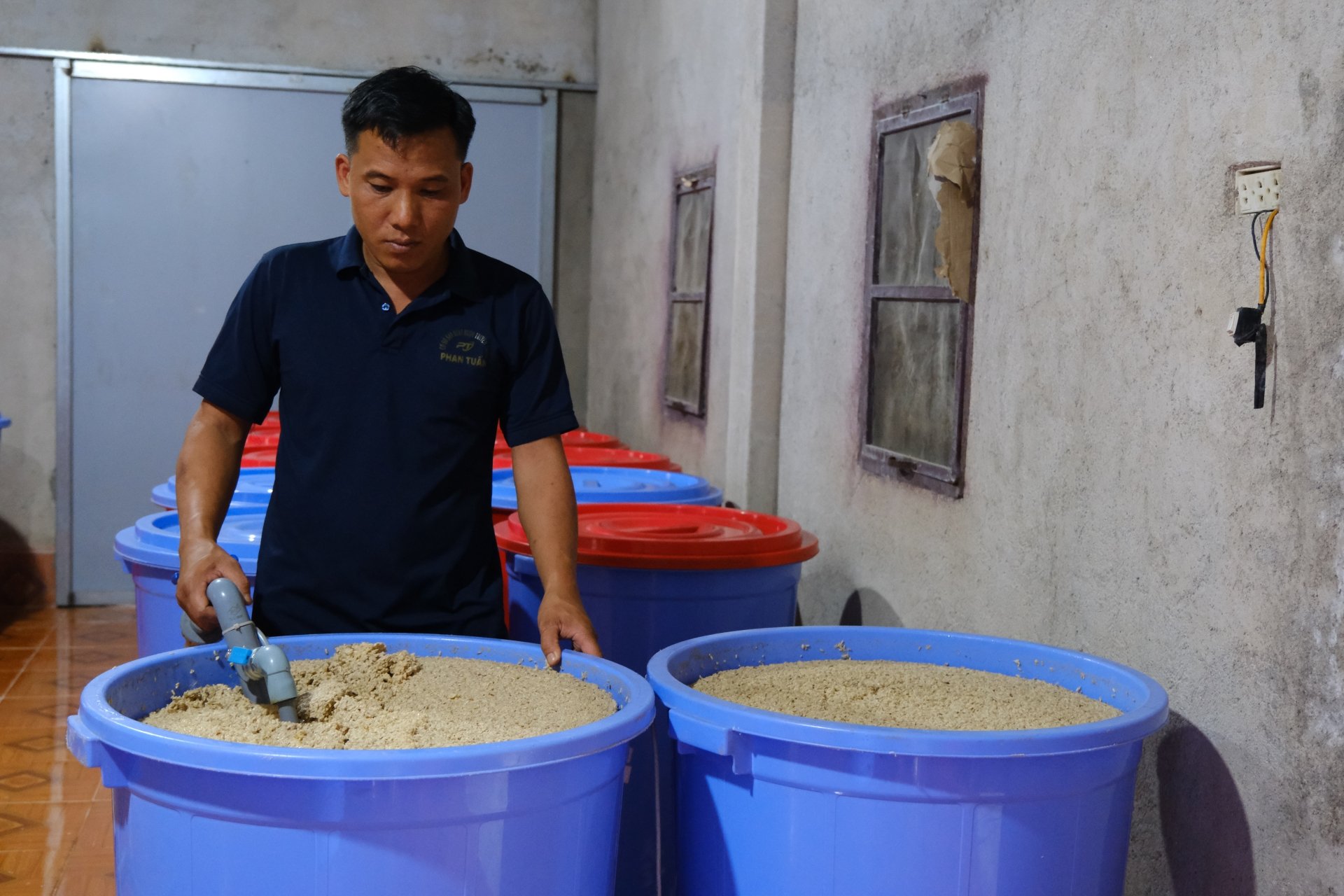 Các bước ngâm ủ rượu tại HTX An Phát được thực hiện trong các thùng nhựa lớn có nắp đậy riêng biệt, giúp kiểm soát nhiệt độ và hạn chế nhiễm khuẩn trong quá trình lên men