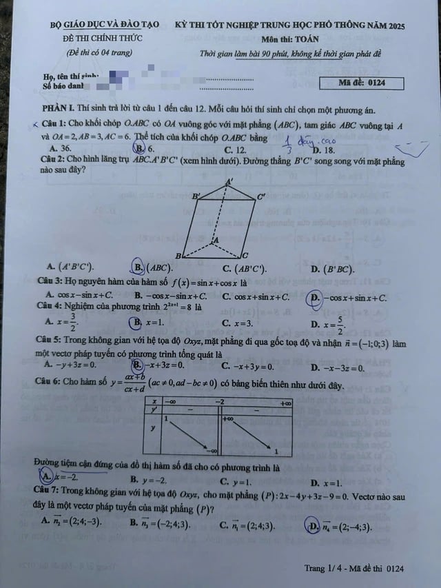 Thi tốt nghiệp THPT 2025: Đề chính thức môn toán - Ảnh 1.