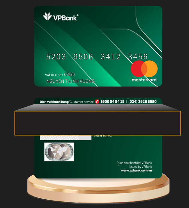 A digital composite image displaying the front and back of a green VPBank Mastercard debit card on a golden cylindrical pedestal. The card features a unique wavy design, the Mastercard logo, card number, valid-thru date (03/26), and cardholder name 'NGUYEN THI VUONG'. The back shows customer service numbers and 'Issued by VPBank www.vpbank.com.vn'.