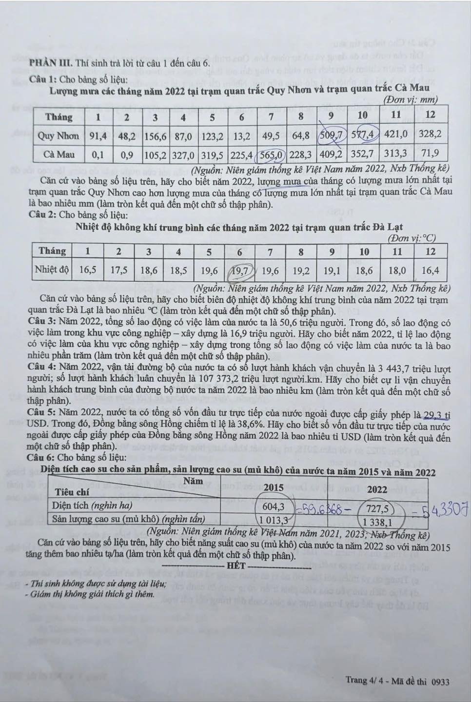 Đáp án môn Địa Lý mã đề 0933 thi tốt nghiệp THPT 2025