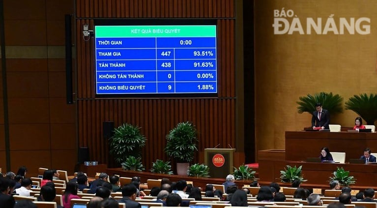 Quốc hội thông qua nghị quyết về Trung tâm tài chính quốc tế tại Việt Nam với 438/447 đại biểu tham gia biểu quyết tán thành. Ảnh: P.V