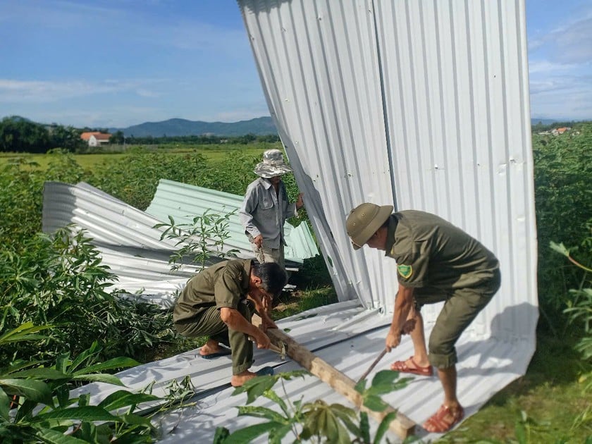 Lực lượng chức năng xã Quế Châu hỗ trợ người dân khắc phục hậu quả trận lốc xoáy.