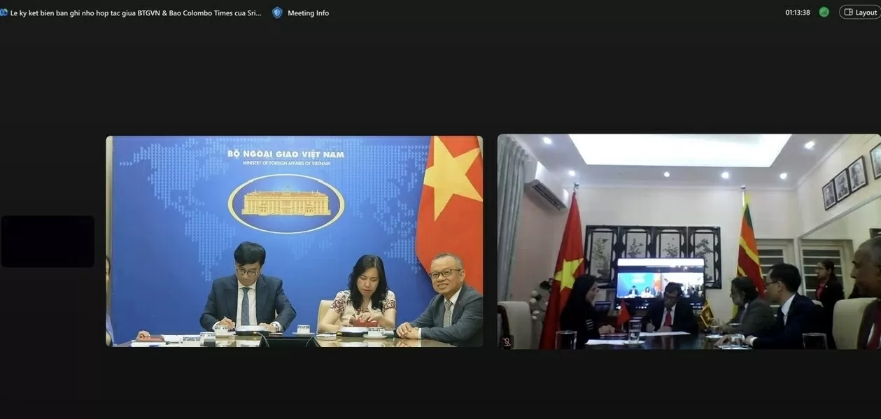 Lễ ký kết MOU giữa Báo Thế giới và Việt Nam và The Colombo Times diễn ra theo hình thức trực tuyến, ngày 27/6/2025. (Ảnh: Quang Hòa)