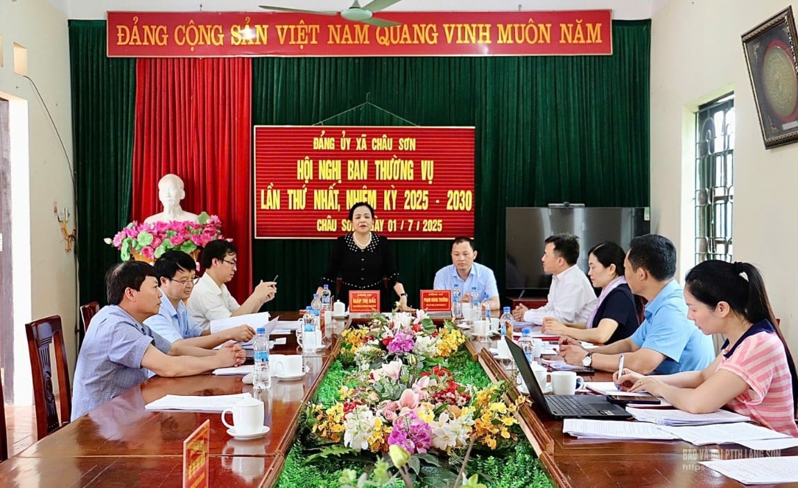 Comrade Giap Thi Bac, Member of the Provincial Party Standing Committee, Head of the Provincial Party Organization Committee, Head of the Working Group spoke at the meeting of the Standing Committee of the Chau Son Commune Party Committee.