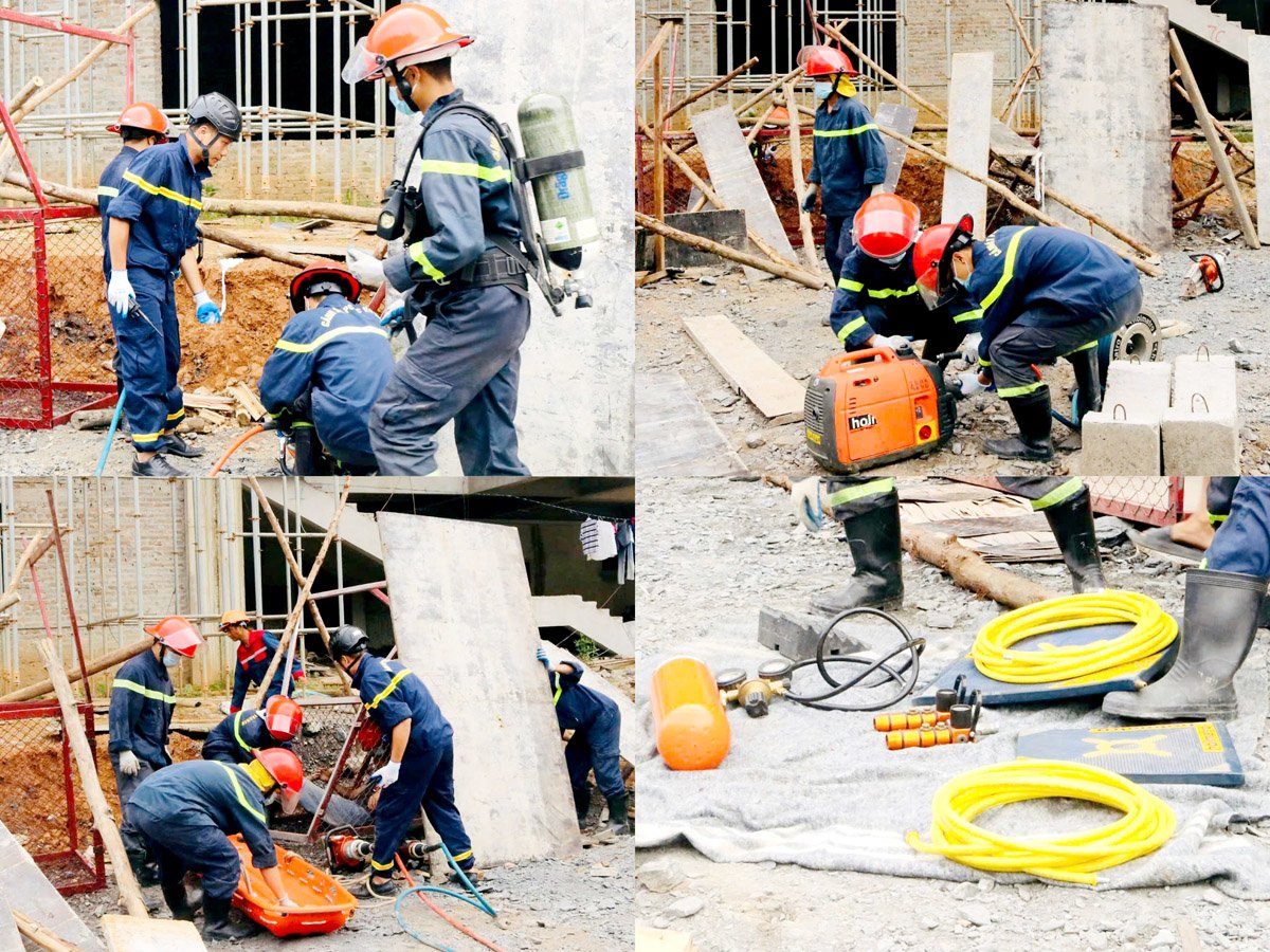 Lực lượng cứu hộ sử dụng các phương tiện, thiết bị chuyên dụng hiện đại như máy cắt bê tông, thiết bị dò tìm nạn nhân dưới đống đổ nát.